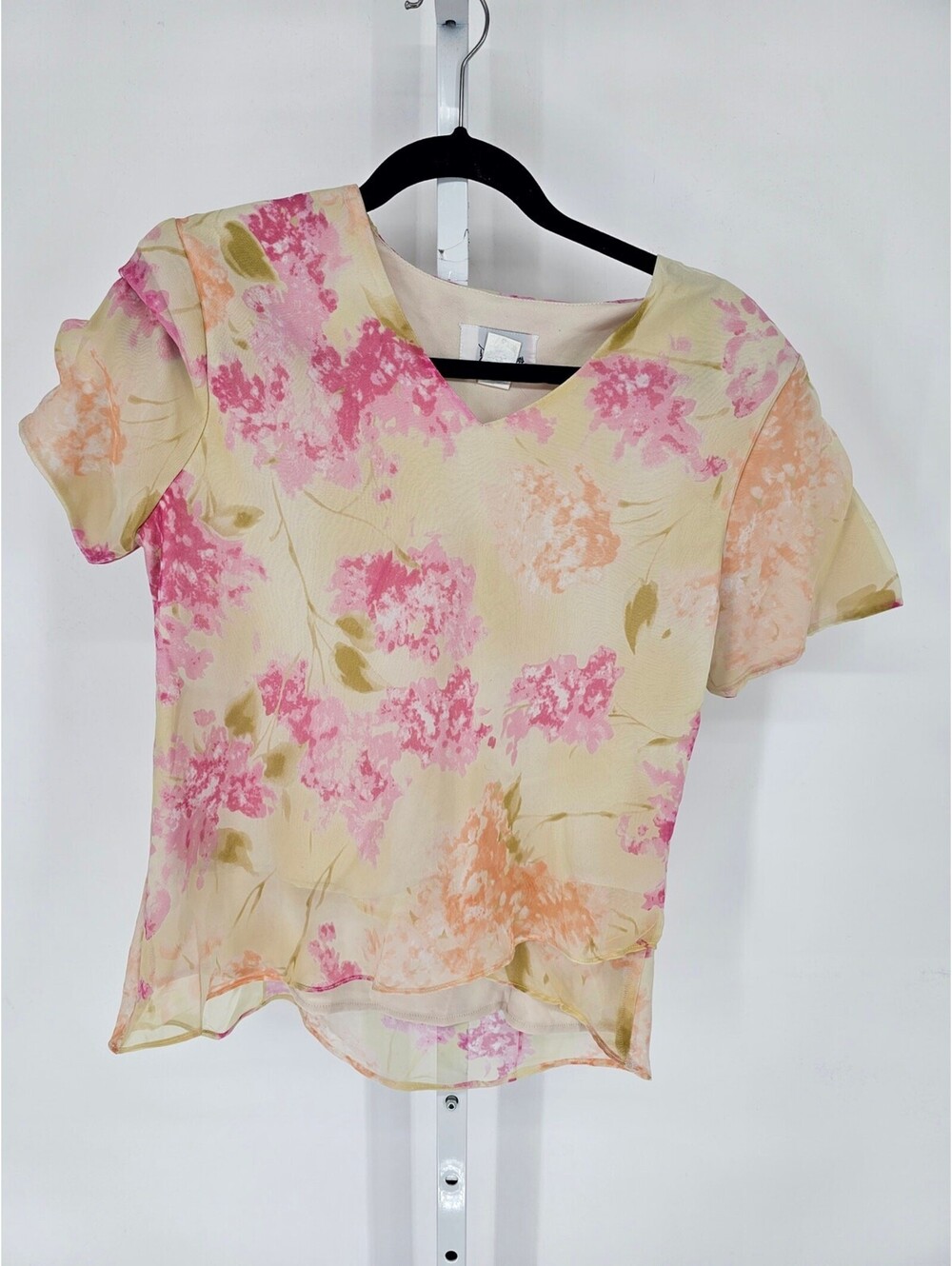 Vintage DJ Summers Womens Sz 14 Short Sleeve Blouse Pink Yellow Floral